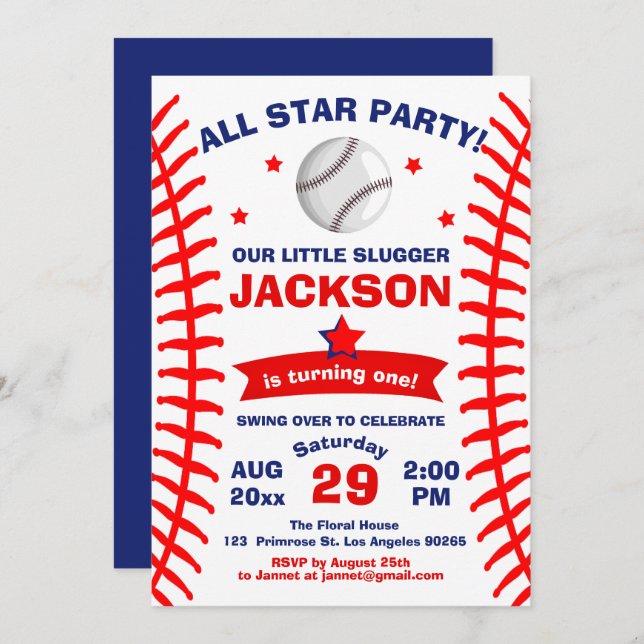 Invitation Big One Baseball All Star Slugger Boy Anniversaire (Devant / Derrière)