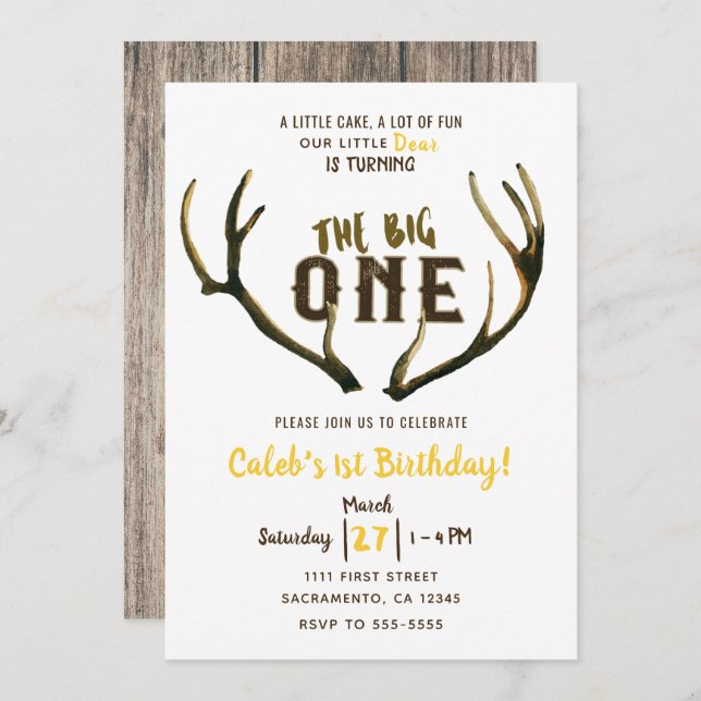 Invitation Big One Deer Antlers Rustique 1er Anniversaire Fêt (Devant / Derrière)