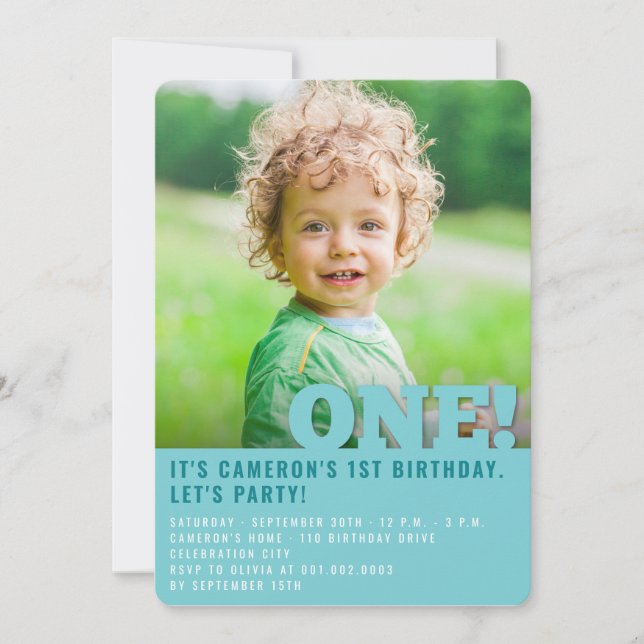 Invitation Big ONE Fun Baby Boy Photo First Birthday (Devant)