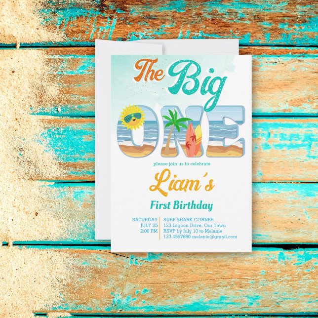 Invitation Big One surf plage d'été (The Big One Surfing beach first birthday party invitation template instant download surf boards sun)