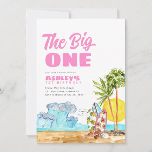 Invitation Big One Surf Waves Hot Pink Beach 1er anniversaire
