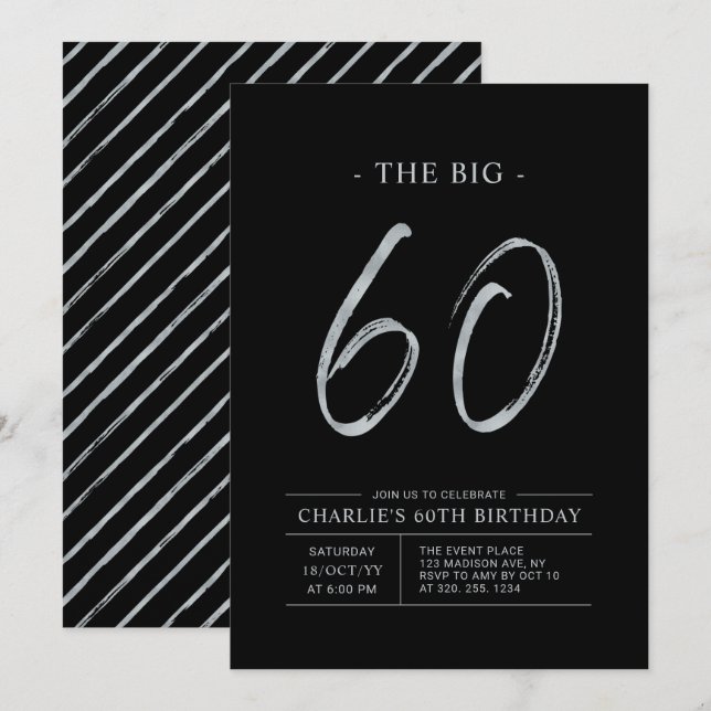 Invitation Big Sixty | Soixantième Anniversaire Argent & Noir (Devant / Derrière)