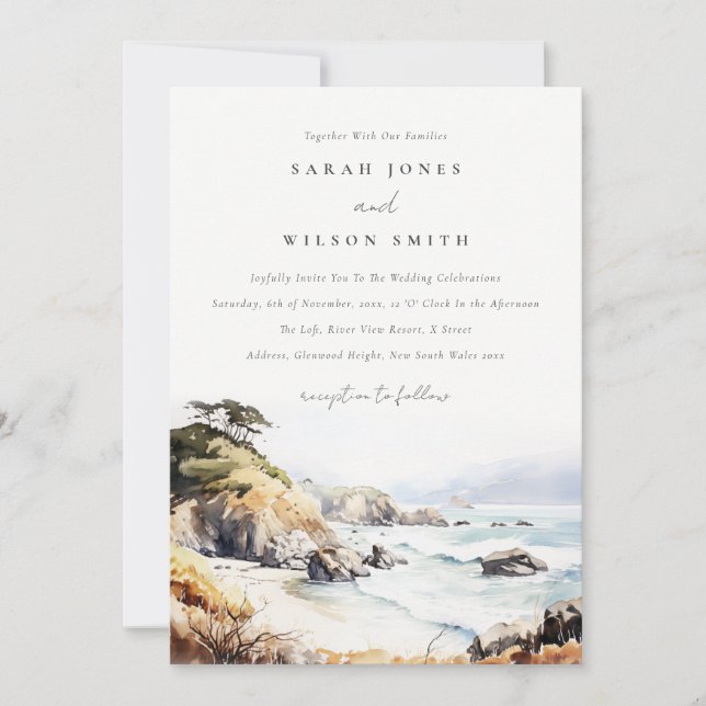 Invitation Big Sur, California Watercolor Landscape Wedding (Devant)