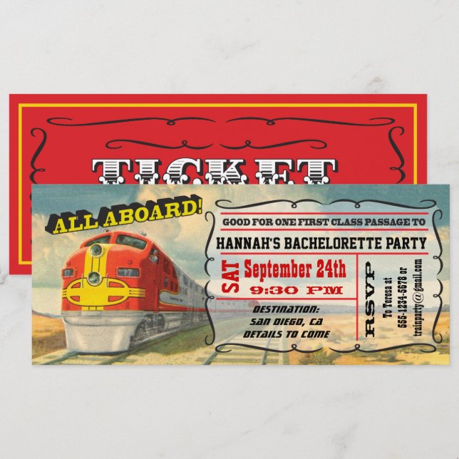 Invitation BIG Vintage Train Ticket Bachelorette (Devant / Derrière)