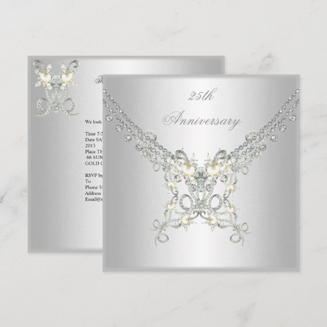 Invitation Bijou 2 perle blanche argent 25e anniversaire (Devant / Derrière)