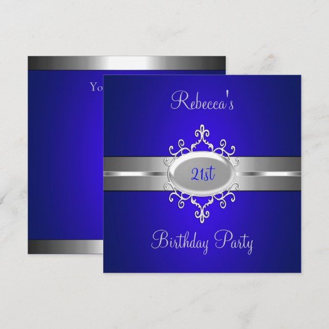 Invitation Bijou Argent Cobalt Fête élégante 21e Anniversaire (Devant / Derrière)