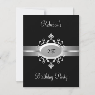 Invitation Bijou Argent Noir 21e Élégante Fête d'Anniversaire