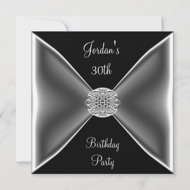 Invitation Bijou Argent Noir & Blanc  Fête d'anniversaire 30  (Devant)