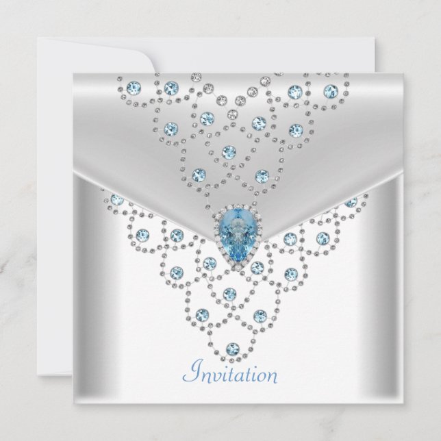 Invitation Bijou Bleu avec Superposition d'Argent Blanc Éléga (Devant)