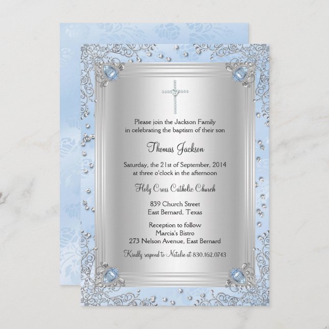 Invitation Bijou bleu étincelant Baptême/Invitation de baptêm (Devant / Derrière)