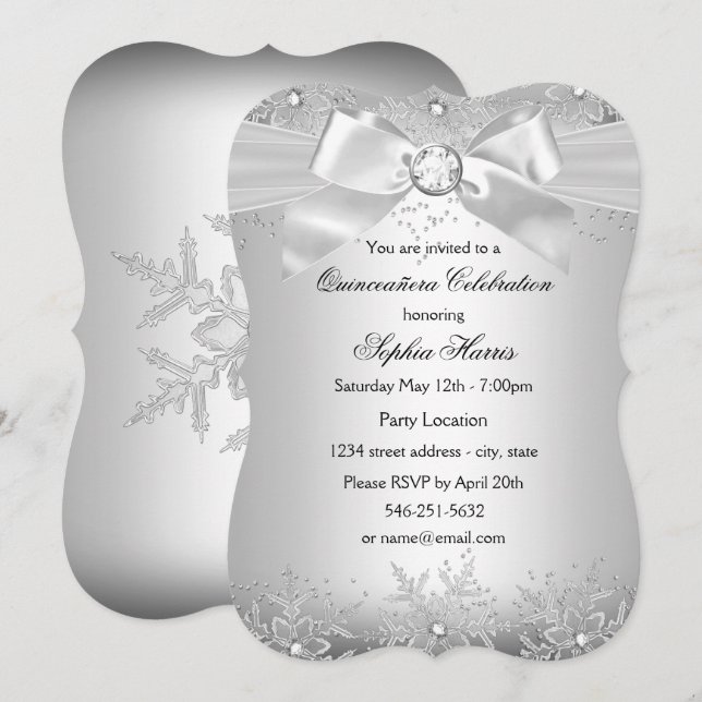 Invitation Bijou d'argent Bow Flocon de neige Quinceanera (Devant / Derrière)