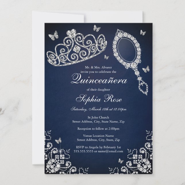 Invitation Bijou de la Marine Tiara Miroir Papillon Quinceane (Devant)
