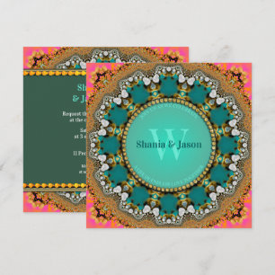 Invitation Bijou de l'Est Fusion Tribale Sarcelle Or & Rose C