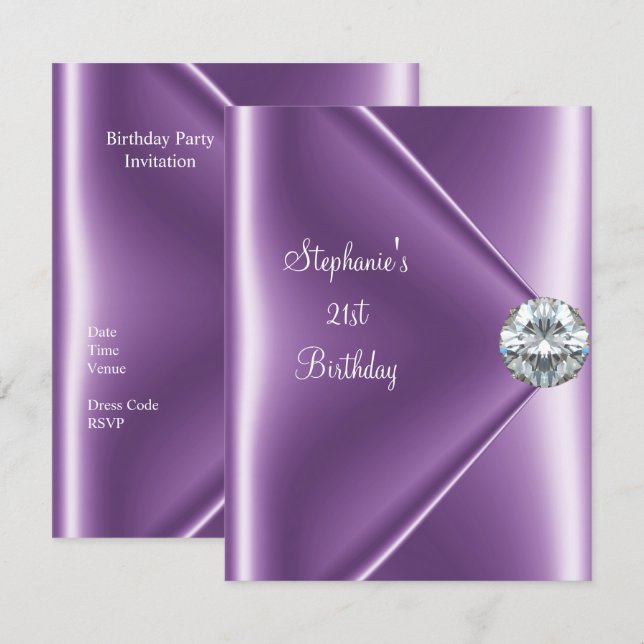 Invitation Bijou Diamant Mauve Violet pour 21e Anniversaire 2 (Devant / Derrière)