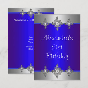 Invitation Bijou Élégant Bleu Argent 21e Anniversaire