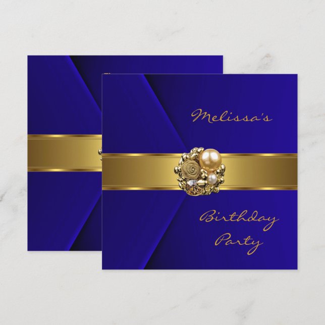 Invitation Bijou élégant bleu velours faux or (Devant / Derrière)
