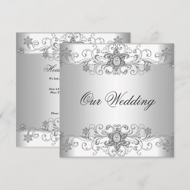 Invitation Bijou élégant de mariage argent diamant blanc (Devant / Derrière)