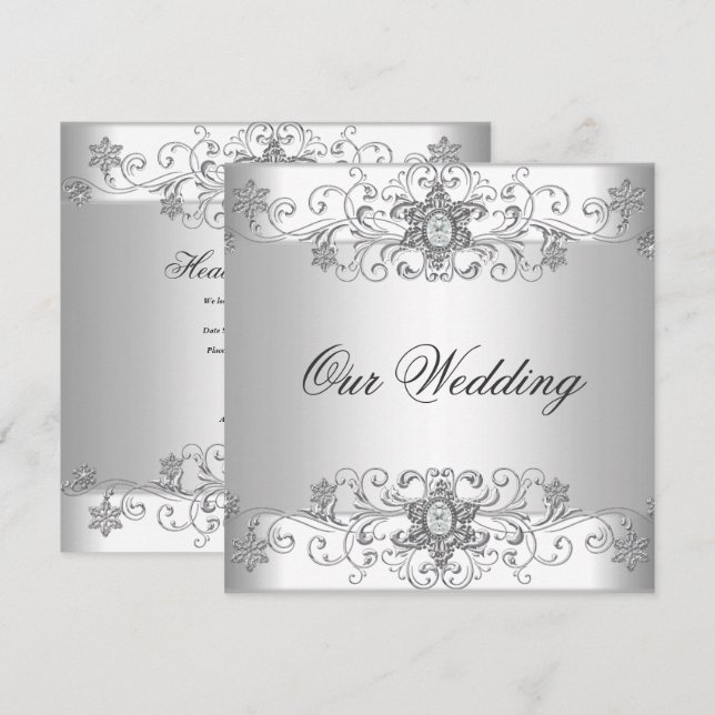 Invitation Bijou élégant de mariage argent diamant blanc (Devant / Derrière)