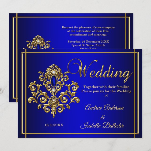 Invitation Bijou Élégant Mariage Bleu Royal Or (Devant / Derrière)