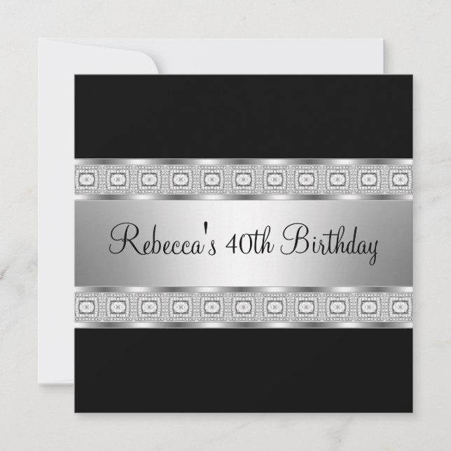 Invitation Bijou élégant noir argent 40e anniversaire (Devant)
