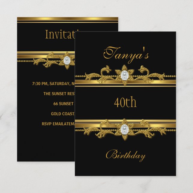 Invitation Bijou élégant or noir 40e anniversaire (Devant / Derrière)
