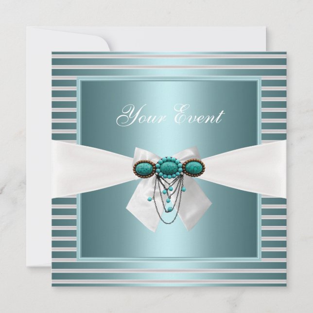 Invitation Bijou Élégant Rayure Bleu Canard Blanc Nœud (Devant)