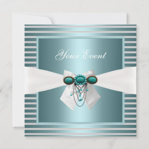 Invitation Bijou Élégant Rayure Bleu Canard Blanc Nœud