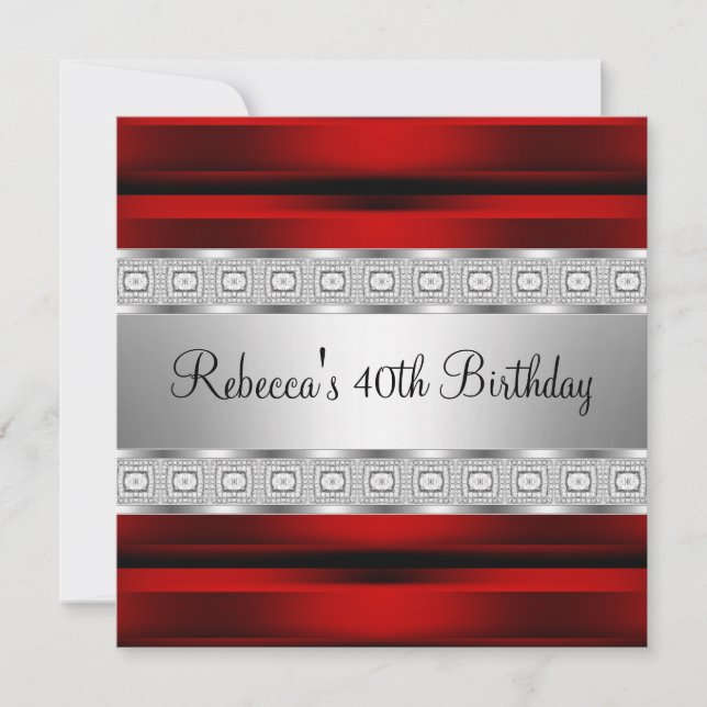 Invitation Bijou Élégant Rouge Argent 40e Anniversaire (Devant)