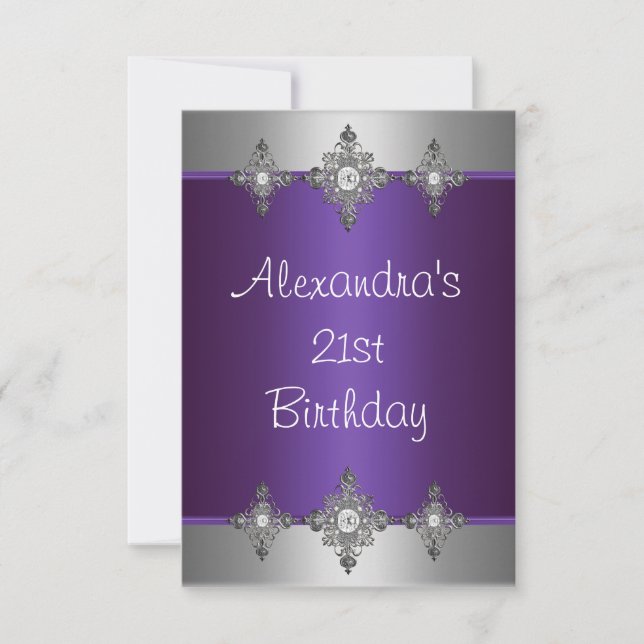 Invitation Bijou Élégant Violet Argent 21e Anniversaire (Devant)