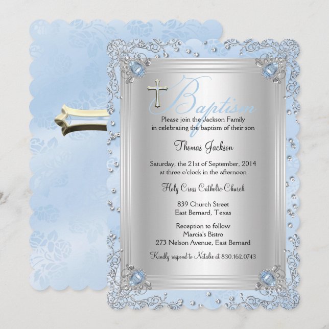 Invitation Bijou Étincelle Bleue Baptême 2 (Devant / Derrière)