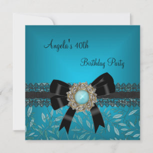 Invitation Bijou fleur bleu sarcelle avec noeud noir pour 40e
