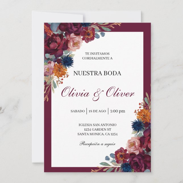 Invitation Bijou fleuri espagnol mariage (Devant)