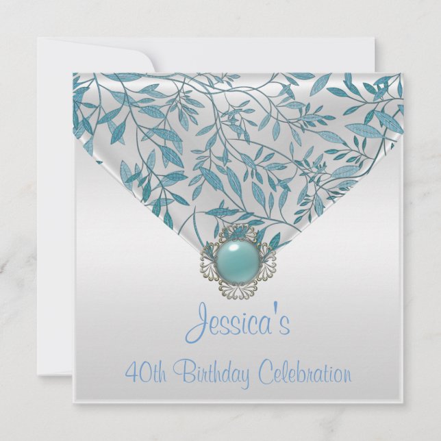 Invitation Bijou Floral Blanc Turquoise Bleu 40e Anniversaire (Devant)