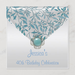 Invitation Bijou Floral Blanc Turquoise Bleu 40e Anniversaire