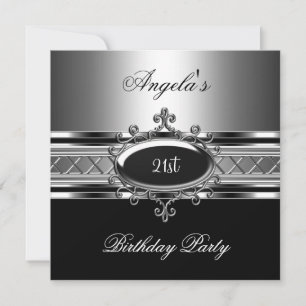 Invitation Bijou Noir Argent 21e Fête d'Anniversaire Élégante