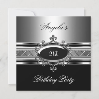 Invitation Bijou Noir Argent 21e Fête d'Anniversaire Élégante