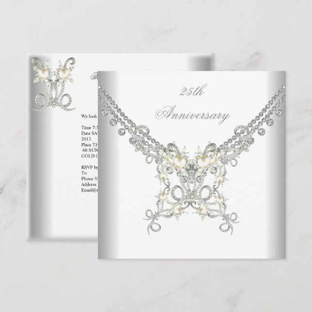 Invitation Bijou perle argentée 25e anniversaire (Devant / Derrière)