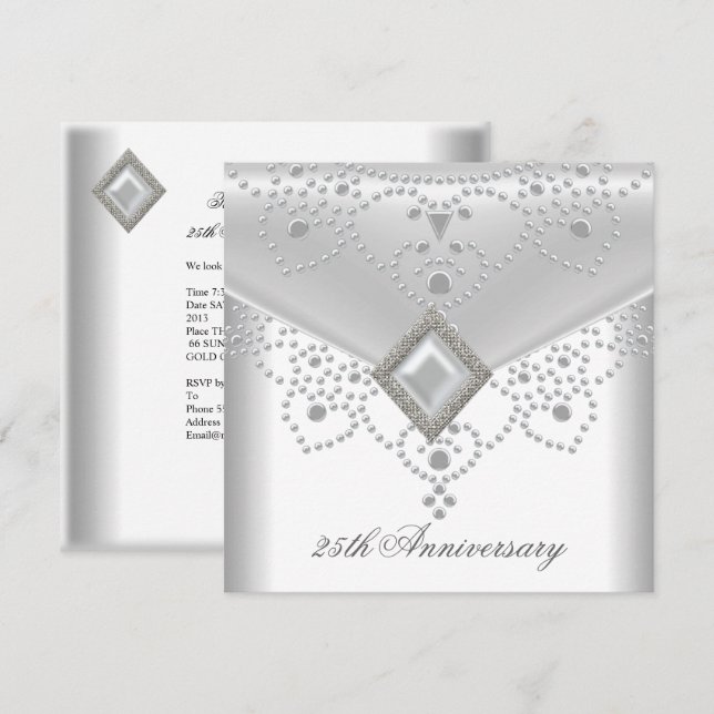 Invitation Bijou perle recouvert d'argent blanc pour 25e anni (Devant / Derrière)