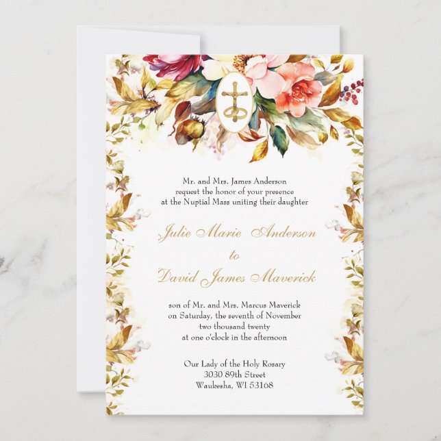 Invitation Bijou Tone catholique Mariage floral et réception (Devant)