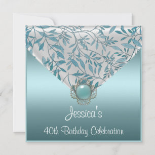 Invitation Bijou Turquoise bleu floral blanc 40e anniversaire