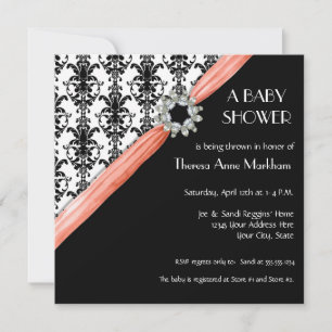 Invitation Bijou vintage Boucle noir blanc Damas ruban