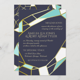 Invitation Bijoux en or Mariage Navy & Turquoise