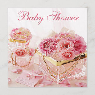 Invitation Bijoux fascinants, fleurs roses et baby shower de