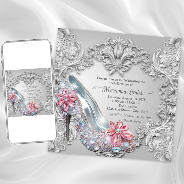 Invitation Bijoux haute talon Chaussure Quinceañera fête d'an (Jewel shoe birthday and any occasion invitation. Instant download and Printed invitations available.)