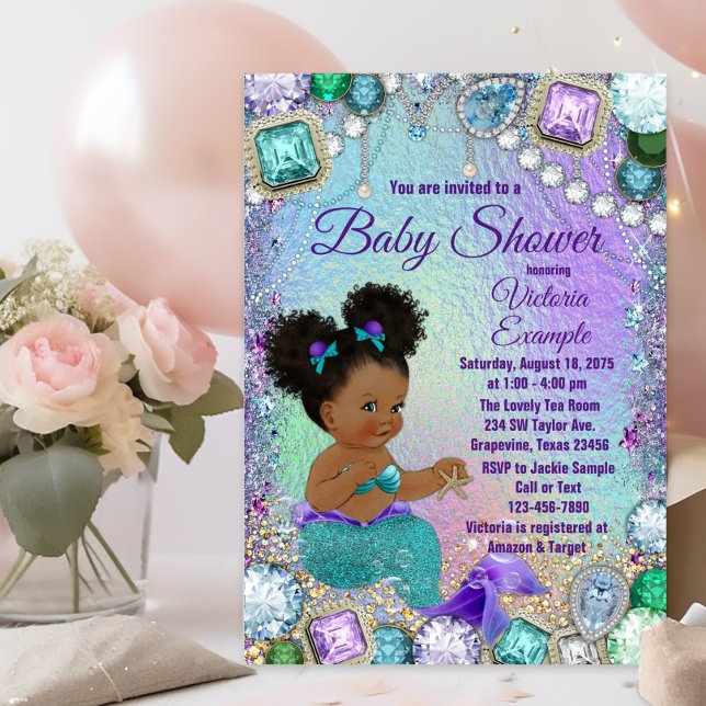 Invitation Bijoux Sirène Afro Baby shower de cheveux (Jewel mermaid baby shower invitation with adorable mermaid with afro puff hair and jewel background.)