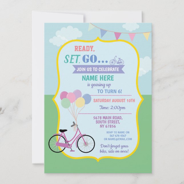 Invitation Bike Anniversaire Bicyclette Balloons Party Pink (Devant)