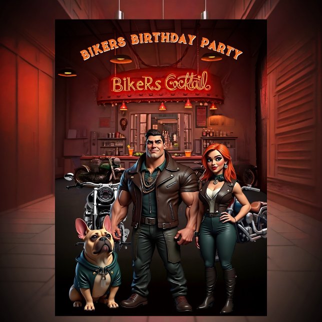 Invitation Bikers Bar Birthday Party Couple Muscle Bulldog  (Créateur téléchargé)