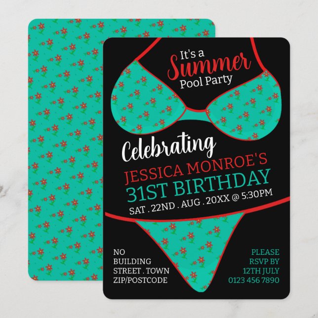 Invitation Bikini Design, Summer Pool Party Anniversaire (Devant / Derrière)
