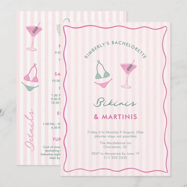 Invitation Bikinis Dessinés à la Main et Martinis pour un Wee (Devant / Derrière)