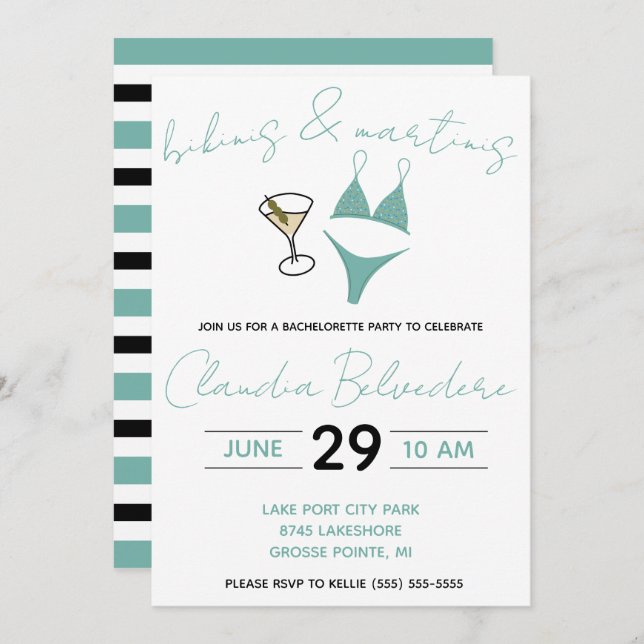 Invitation Bikinis et Martinis Thématique Bachelorette (Devant / Derrière)